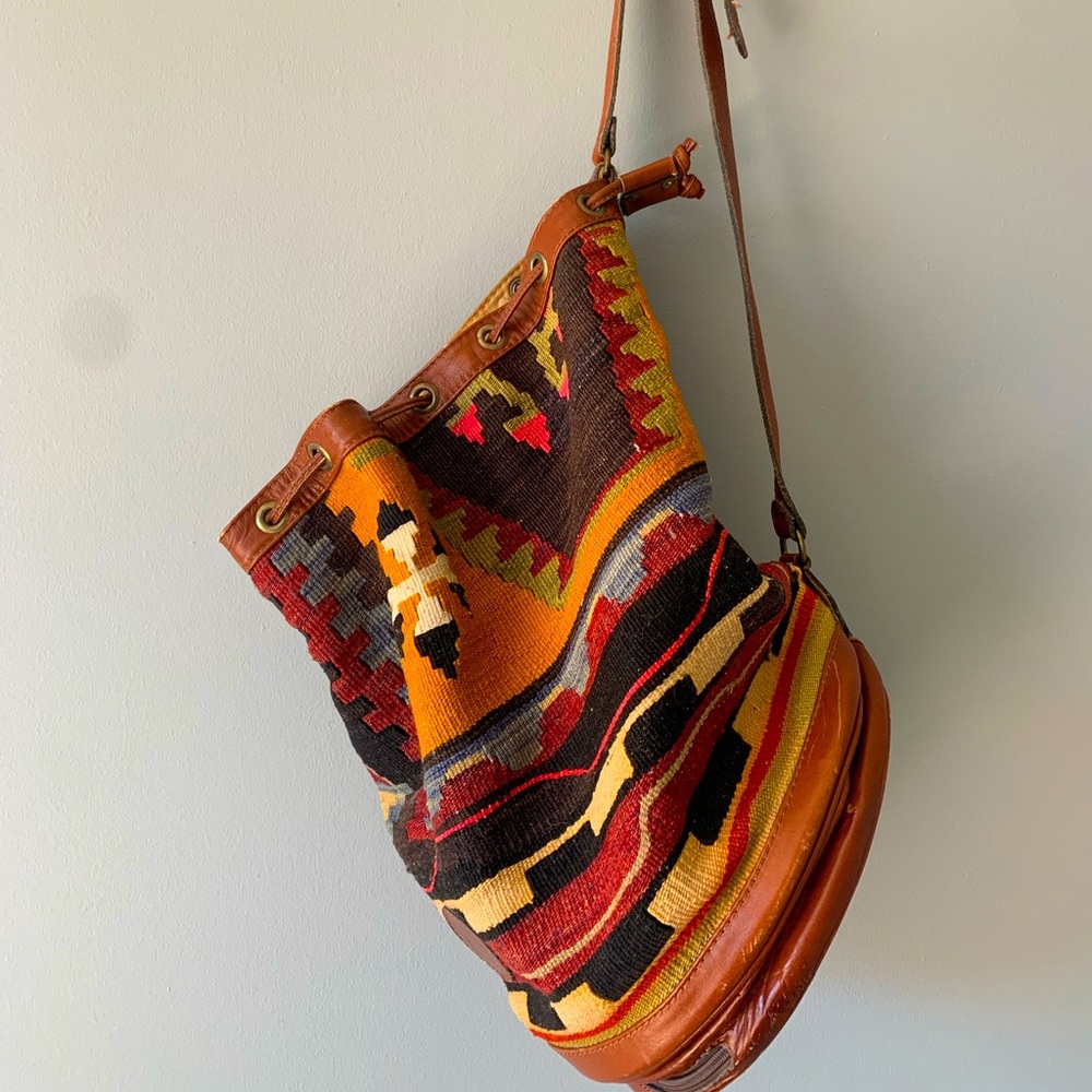 Large vintage leather embroidered festival bag